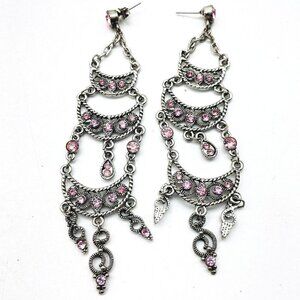 Pink Rhinestone Layered Chandelier Earrings Silver Tone Boho Festival Party Glam